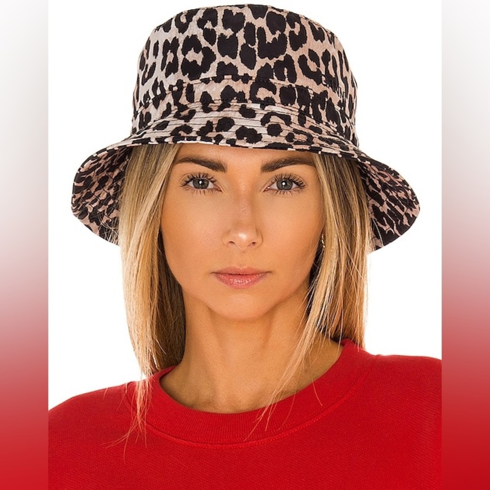 Ganni Leopard Print Bucket Hat in Black and Cream